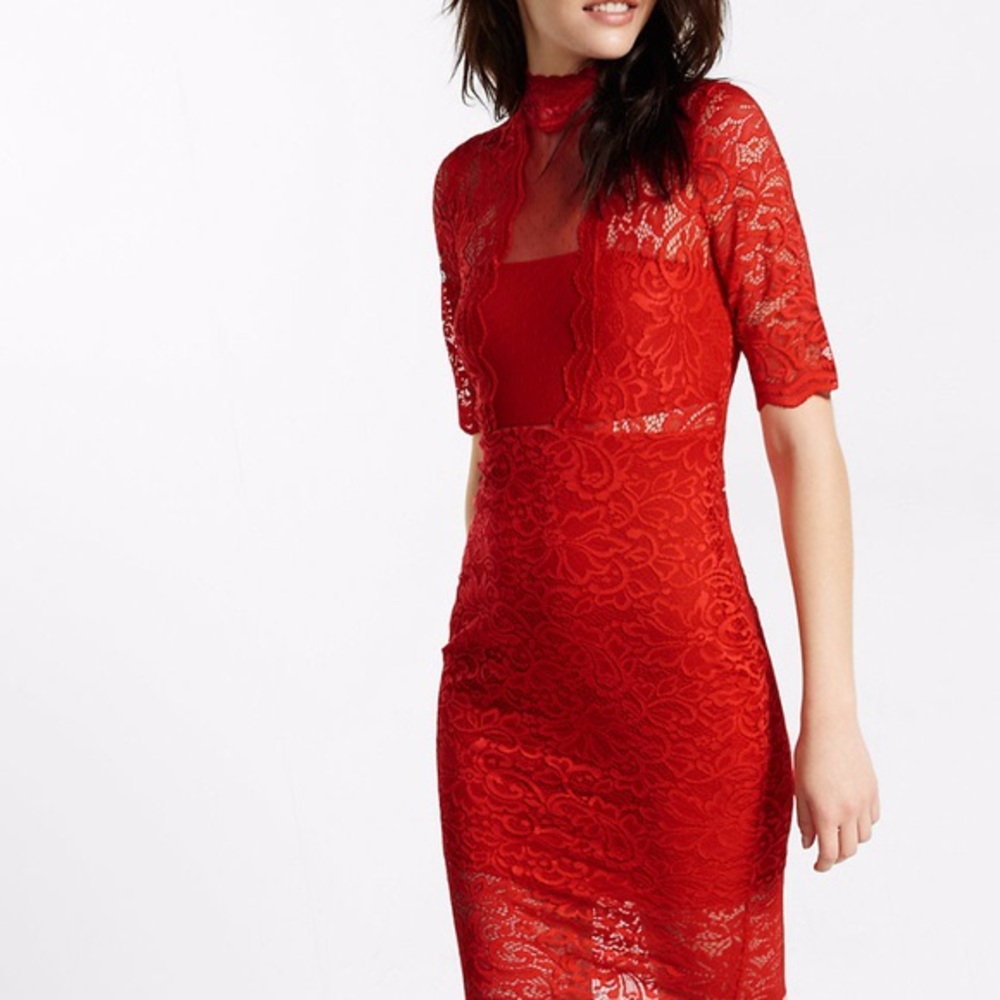 Express Red Stunning Lace Mock Neck Dress